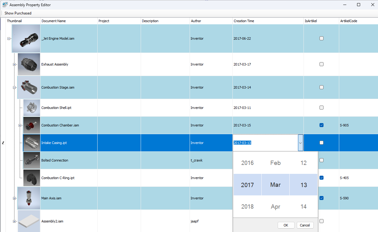 Schermafbeelding van de ThunderCAD Assembly Property Editor in CAD2ERP
