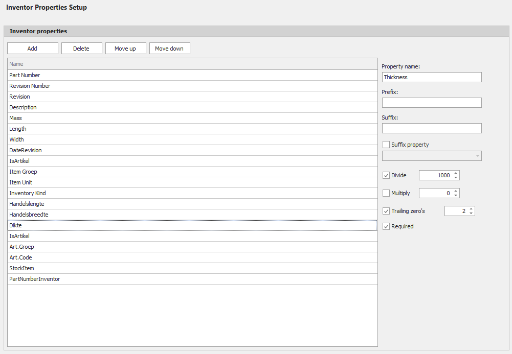 CAD2ERP Inventor Properties Setup